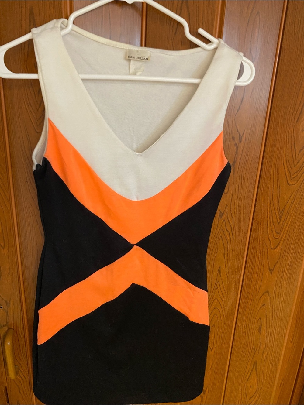 Vintage San Julian Colorblock V-Neck Dress in Cream, Neon Orange & Black